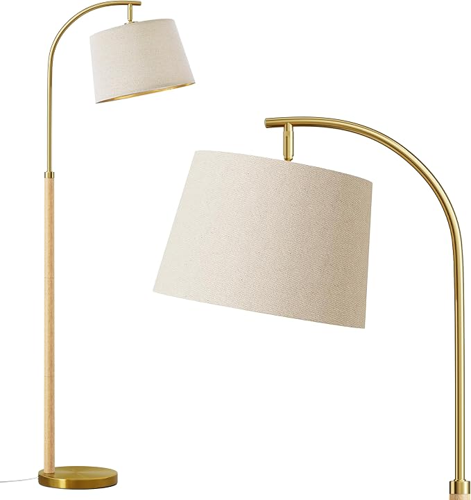G-SAFAVA Real Wood Floor Lamps for Living Room Bedroom, 62.5" Mid Century Modern Lamp Gold Standing Tall Arc Lamps with Foot Switch, Floor Lamps for Nursery Office Decor Corner Reading Room Light