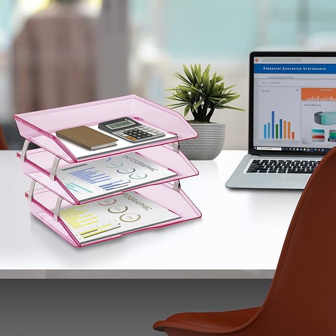Acrimet Facility 3 Tier Letter Tray, Side Load, Letter Size/A4, Desktop File Organizer, Plastic (Clear Pink Color) | Document Tray with Aluminum Rods