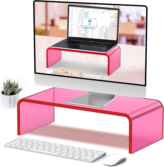 Acrylic Monitor Stand Riser Pink Laptop Stand Riser L15 xW7.5 xH4 | PC Holder,Compatible with All Notebooks and Monitor, Decoration for Office & Home,Pink Aesthetic Design,Office Supplies