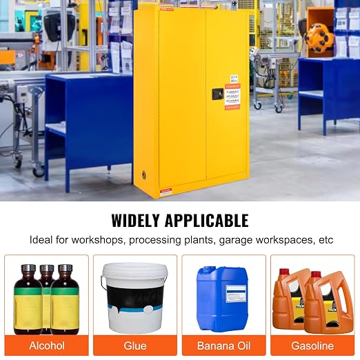 VEVOR Flammable Cabinet, 45 Gal, 18" x 43" x 65", Yellow | Cold-Rolled Steel, Explosion Proof, 2 Adjustable Shelves, 2 Manual Doors, Industrial Use