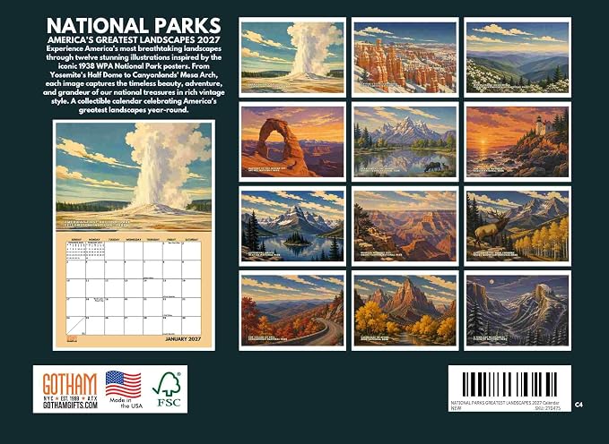 National Parks Vintage Travel Poster Calendar 2027 Monthly Wall Calender 12 Month | American Made In The USA