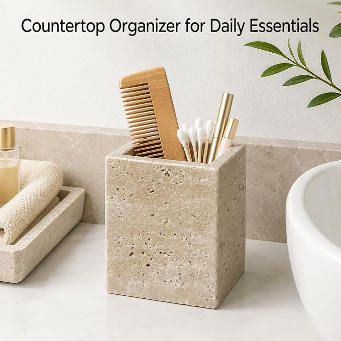 Natural Travertine Desk Organizer Pen Holder | Single Compartment Pencil Cup for Pens, Makeup Brushes, 3.15 x 3.15 x 3.94 in