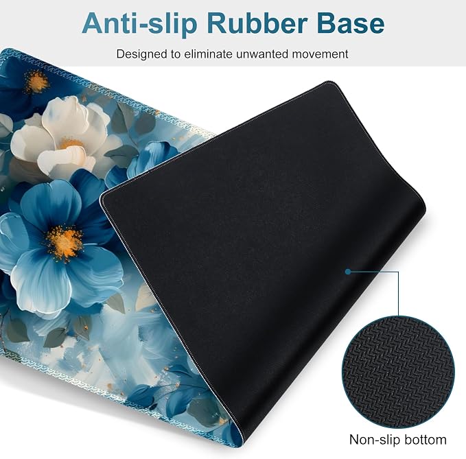 Desk Mat Pad, Gaming Mouse Pad Wrist Support Set, 4 in1 Non-Slip Large Mousepad + Ergonomic Design Keyboard Wrist Rest+Mouse Wrist Rest+Coaster for Home Office Computer I Blue Floral Watercolor
