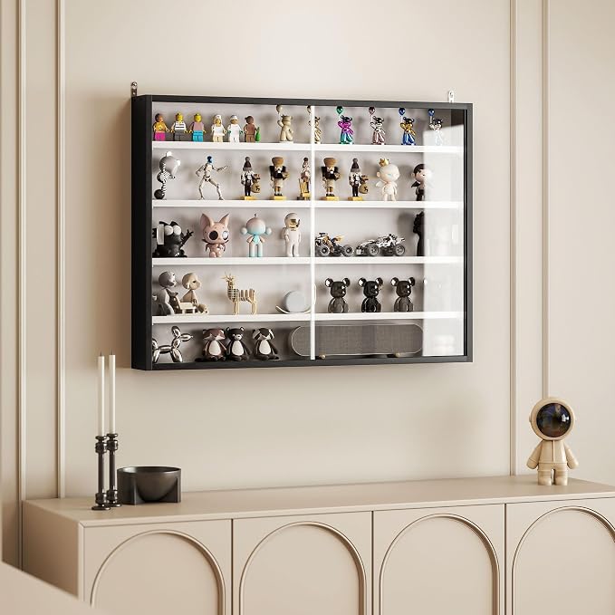 HOMCOM 5-Tier Wall Mounted Display Cabinet Glass Doors 60x80cm Black/White | Display Case, 4 Adjustable Shelves, for Home Office Ornaments