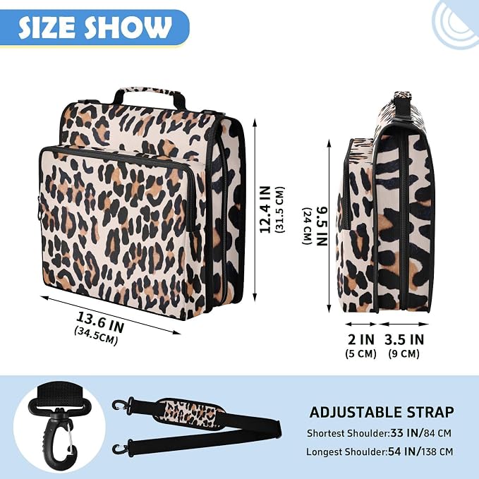 Leopard Print Zipper Binder File Organizer Bag 3 D-Ring | with Shoulder Strap, Holds 500 Sheets & 14in Laptop, 3 Ring Binder for Office Supplies