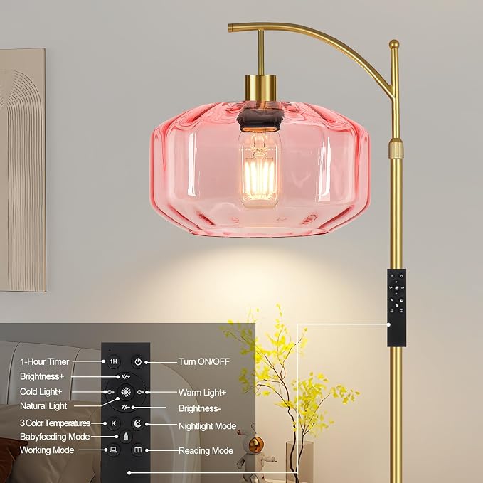 Gold Floor Lamps for Living Room Bedroom,Glass Floor Lamp with Remote Control & Pink Lampshade,Arc Dimmable Floor Lamp Mid Century Modern Standing Lamp Vintage Tall Floor Lamps for Bedroom Corner