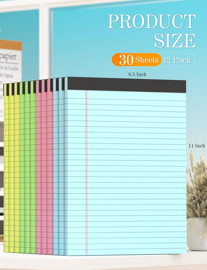 Legal Pads 8.5 x 11 Colored Note Pads, 12 Pack Colored Paper Pads 8.5x11