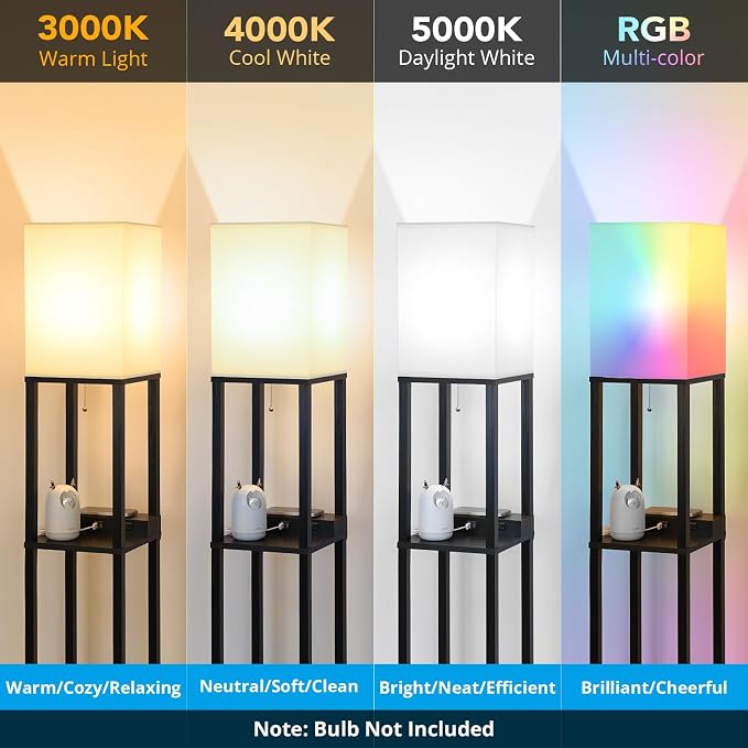 Shelf Floor Lamp with Wireless Charger, USB, Type C, AC Port,Black | Fast Charging USB Ports & Type C Port & 2 Power Outlets, 3 Tier Storage Shelf Lamp, E26 Base, 60W Max(Bulb Not Included)