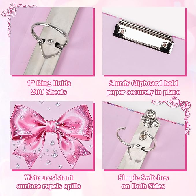 1 Inch 3 Ring Binder with Clipboard, Cute Binder Pink Bow Design, Holds 200 Sheets A4 Letter, Inside Pockets & 5 Tab Dividers, Pretty Classic Pink Binder for School Office Supplies(Pink Diamond Bow)
