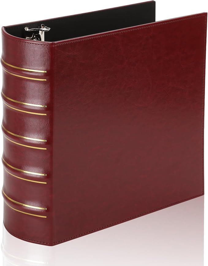 LETVPVOW Vintage Hardback 3 Ring Binder 3 Inch, Professional Leather Binder 3 Ring, Three Ring Binders Fits 8.5 x 11, D Ring Binders for Photo Album, Home, School and Office Supplies- Dark Red