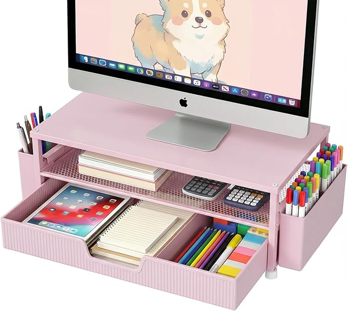 ECOLOVI Desk Organizer and Accessories, 2-Tier Computer Monitor Stand Rise with Storage Drawer & 2 Pen Holders, Laptop & Printer Stand for Desktop, Workspace Organizers for Office Supplies (Pink)