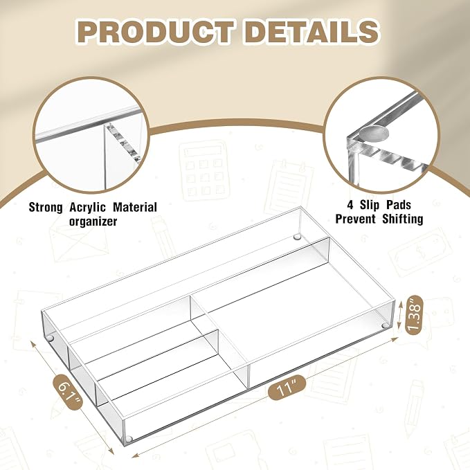 Briwooody 2 Pcs Clear Acrylic Desk Drawer Organizer 11 x 6 x 1.38 Inch Drawer Organizer Trays with 4 Compartments Desk Accessories for Office Makeup Silverware Bathroom