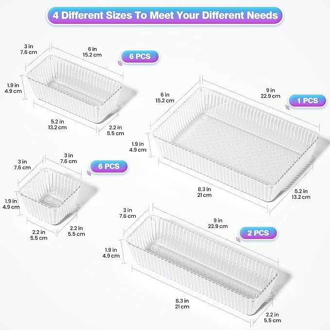 15 PCS Clear Plastic Drawer Organizer Set, Makeup Organizer Trays | 4-Size Desk Drawer Divider, Bathroom Organizers and Storage Bins for Makeup, Jewelry, Gadgets, Office, Kitchen, Bedroom
