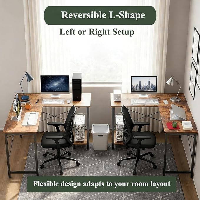 L Shaped Desk Computer Desk, 50inch Brown Gaming Desk with CPU Stand | Reversible Corner Desk, Sturdy Metal Frame, Student Study Writing Table for Home Office