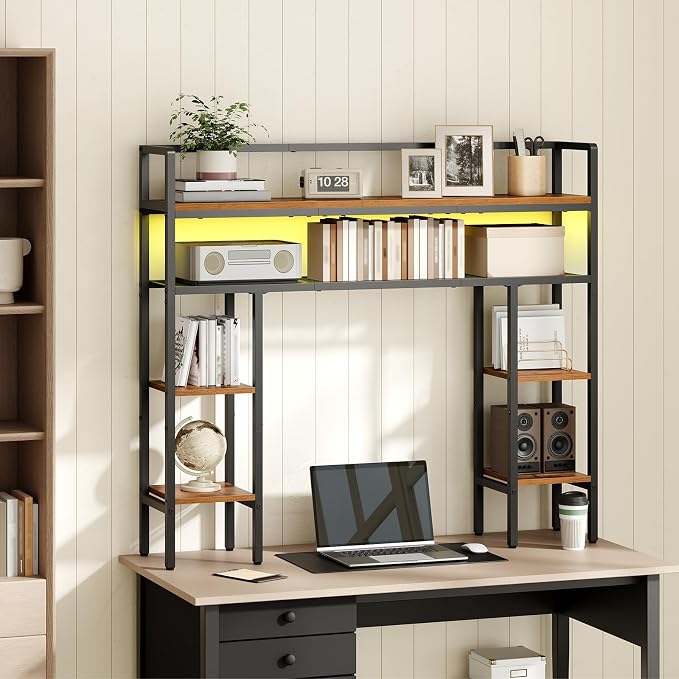 MAHANCRIS Desk Shelf, 43.3" Desk Hutch with Light Strip | Office Desktop Organizer, 5 Tier Desktop Bookshelf for Computer Monitor, Storage Rack for Study, Home Office, Rustic Brown
