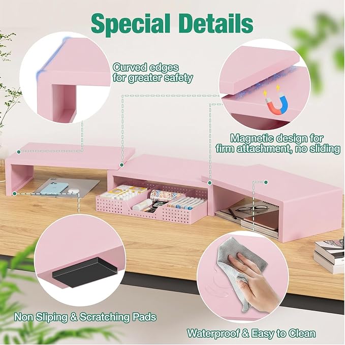 Dual Computer Monitor Stand Riser, Desk Organizer with Drawer, Office Desk Accessories & Workspace Organizers for Home Office Supplies, Pink