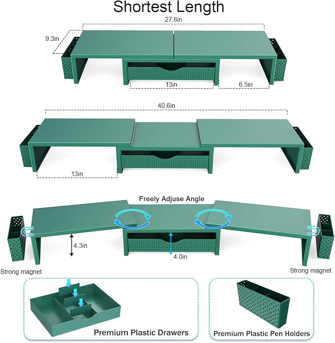 gianotter Dual Monitor Stand Riser With Drawer and 2 Pen Holders | Computer Monitor Stand Desk Organizer and Accessories Desk Shelf for Top of Desk (Green)