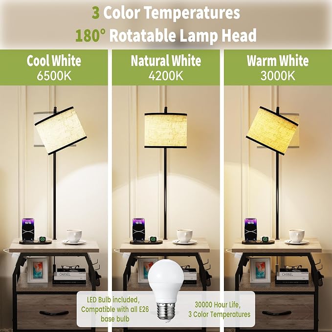 runjuly Floor Lamp with Table, End Tables with Lamps Attached 3-Color Temperature Bulb, Side Table with Lamp with 2 Drawers & Charging, Lamps Tables Combo for Bedroom, Dorm, Apartment - Greige
