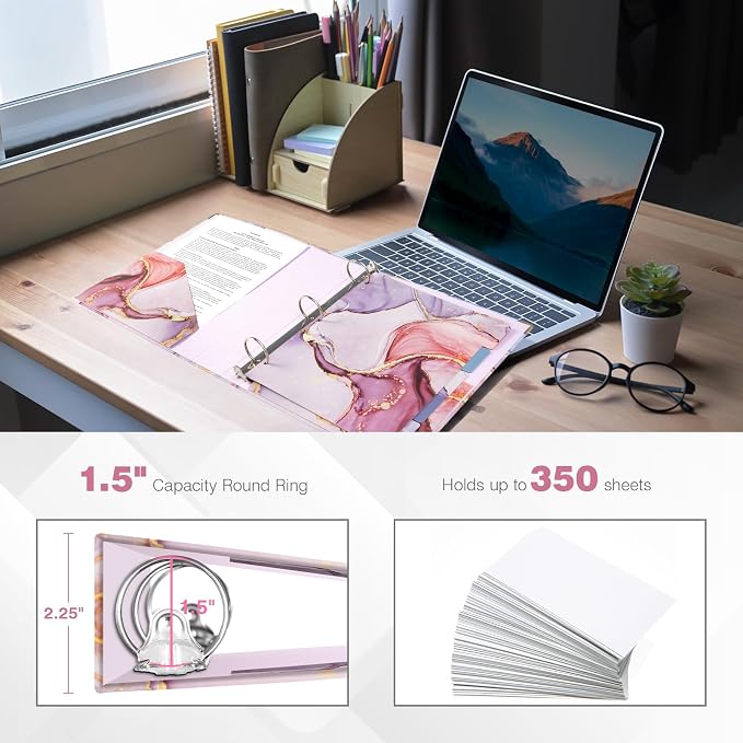 Ospelelf 3 Ring Binder 1.5 Inch, Pink Clipboard Organizer for Letter Size Documents (11" x 8.5") with 5 Tab Dividers, File Folder Labels, Paper Marble Binders for School and Office Supplies
