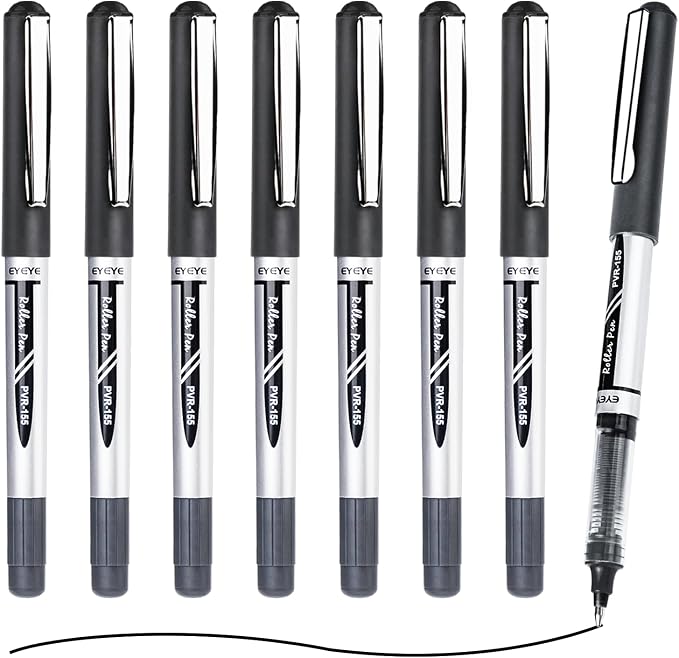 EYEYE 8 Pack Black Rollerball Pens 0.7mm, Medium Point Pen, Quick Dry | Back to School Essentials, Liquid Ink Pen Fine Point Smooth Writing Pens for Journaling, Note Taking, Office Supplies