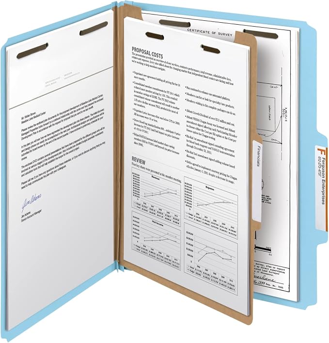 Smead 100% Recycled Pressboard Classification File Folder, 1 Divider, 2" Expansion, Letter Size, Blue, 10 per Box