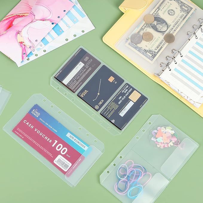 30pcs A6 Binder Pocket Set no Zipper Clear Budget Planner Inserts Bulk Budget Binder Organizer Cash Envelopes for Budgeting Waterproof PVC Loose Leaf Bags Card Sleeves for 6 Ring Notebook