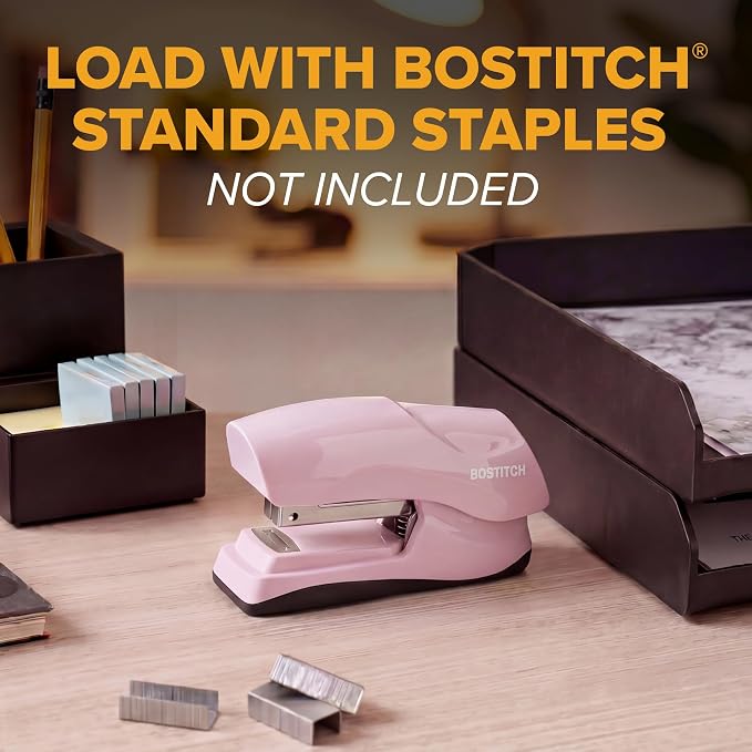 Bostitch Heavy Duty Compact Stapler, 40-Sheet Capacity, No-Jam Technology, Flat Clinch Design, Half-Strip Desktop Stapler, Pink