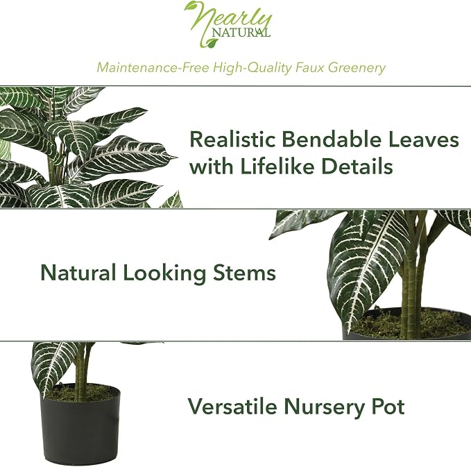 Nearly Natural 3 ft Zebra Artificial Plant with Striped Leaves and Pot | Lifelike White Pin-Striped Leaves, Maintenance-Free, Sturdy Nursery Pot, Office or Sunroom Decor