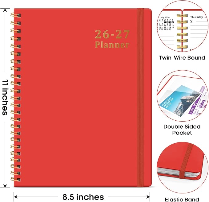 Taja Planner 2026-2027, 8.5" x 11" Calendar Planner, Jul 2026-Jun 2027 | Letter Hardcover Weekly & Monthly Academic Planner, Large Planning Agenda With Tabs, School & Office Supplies, Tomato Red