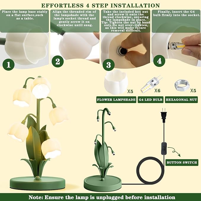 WERFOP Vintage Lily of the Valley Flower Table Lamp Green | 3 Color Adjustable LED Bedside Lamp, Cute Night Light for Bedroom, Living Room, Dorm Room, Office & Home Decor (Green)
