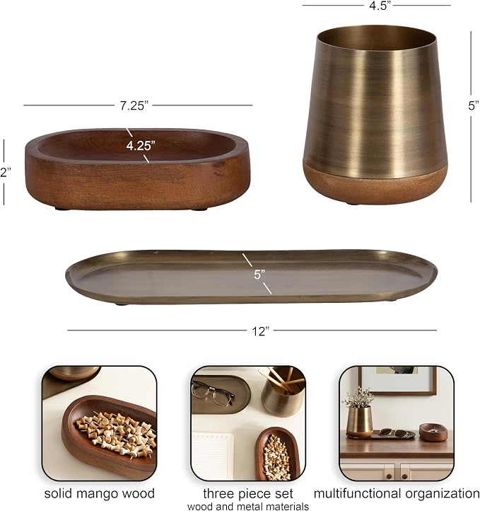 Kate and Laurel Koni Modern Three-Piece Tabletop Organization Set, 12 x 5 x 5, Walnut Brown and Antique Brass, Wood and Metal Organizational Set for Home Office or Entryway Decor