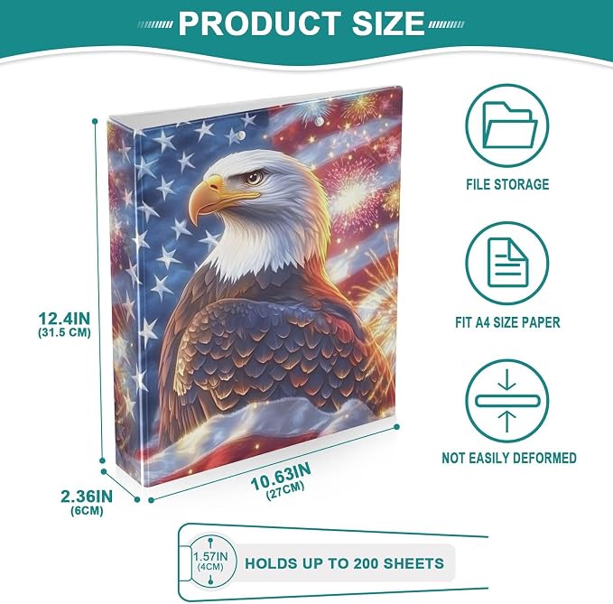 3 Ring Binder Bald Eagle American Flag Brave 1.5 inch Binders Three Ring Binders with Clipboard Fit 8.5'' x 11'' Paper 3 Interior PVC Clear Pockets for Office Supplies