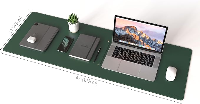 RENMTURE Dual-Sided Mouse Pad, Natural Cork & PU Leather Large Desk Pad for Office and Home Work, Desk Protector Non-Slip, Waterproof, Easy Clean (Dark Green, 47"x17")