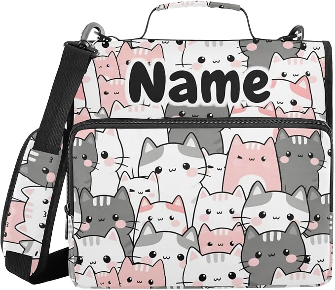 Custom Cute Cats Grey Pink 3 Ring Binder Bag 1.5 inch Personalized Name Binder Organizer 500 Sheet Documents Storage for School Office
