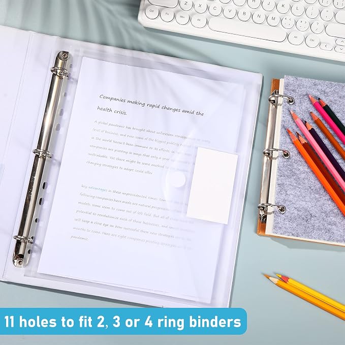 Yeaqee 100 Pcs Binder Pockets 11 Holes, Clear Poly Binder Envelopes with Hook Loop Closure and Label Pocket, Fits 8.5x11 Letter Size for 2/3/4 Ring Binders, Back to School Supplies