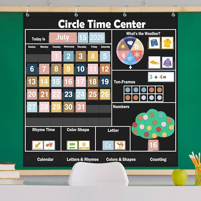 Pasimy 284 Pcs Circle Time Learning Center Classroom Pocket Chart Boho Circle Time Calendar Learning Math Calendar Weather Color Shape for Home Classroom Decoration Back to School Supplies