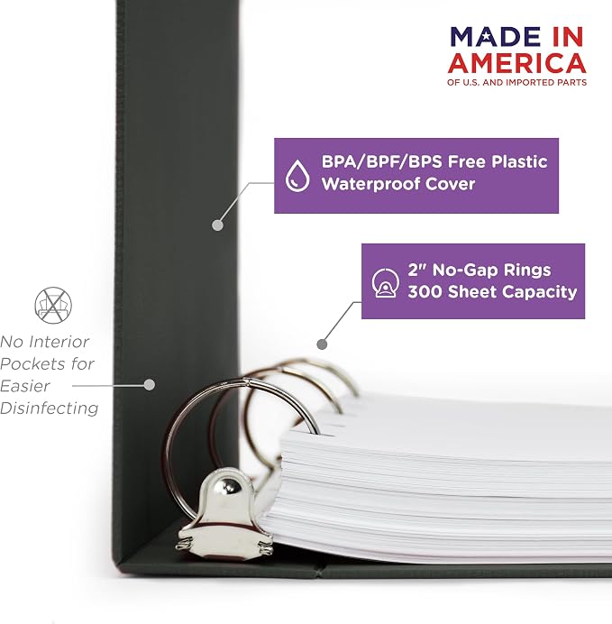 Carstens 2-Inch Heavy Duty 3-Ring Binder - Side Opening, Charcoal Gray, Durable Plastic, Precision No-Gap Rings, Waterproof Covers, No Pockets, Holds 300 Letter Sheets, BPA-Free, Made in USA (5821-3R)