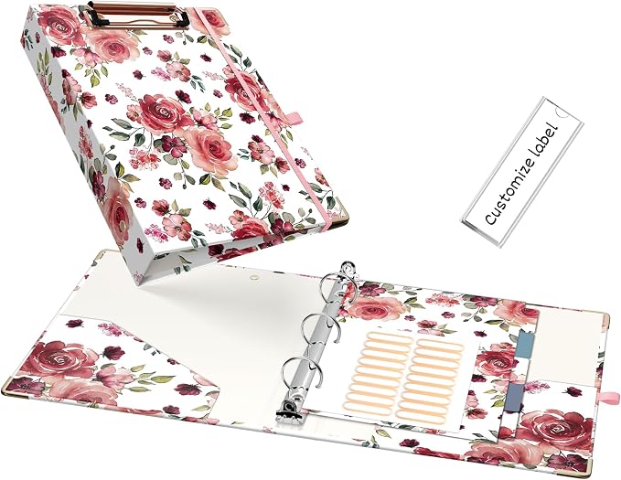 EYROZILL Mini Binder 3 Ring 1 Inch for 5.5" x 8.5" Paper with 5-Tab Dividers, A5 Binders with Clipboard for School Office Supplies and Home, Rose