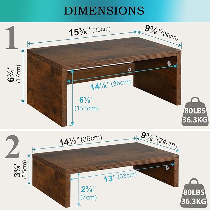 TEAMIX 2-Pack Monitor & Laptop Stand Riser, Wood High-Low Dual Monitor Set | Stacked/Separate Use, Adjustable Computer Stand for 2 Monitors, Holds 80Lbs, Rustic Desk Organizer for Home Office, Gaming