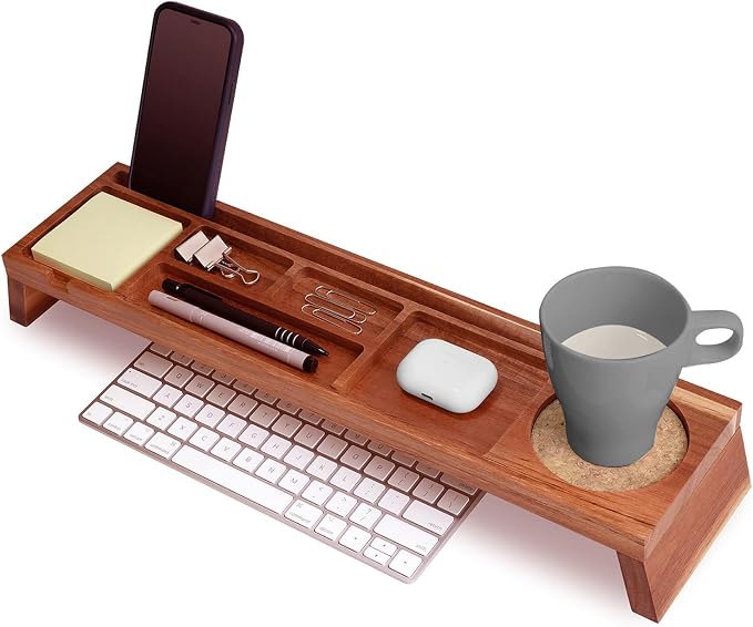 Linwnil Natural Wood Desk Organizer - Multi-Compartment Wooden Organizers for Home, Office, Cubicle Accessories - Table Caddy for Desktop and Workspace - Pencil Storage Tray