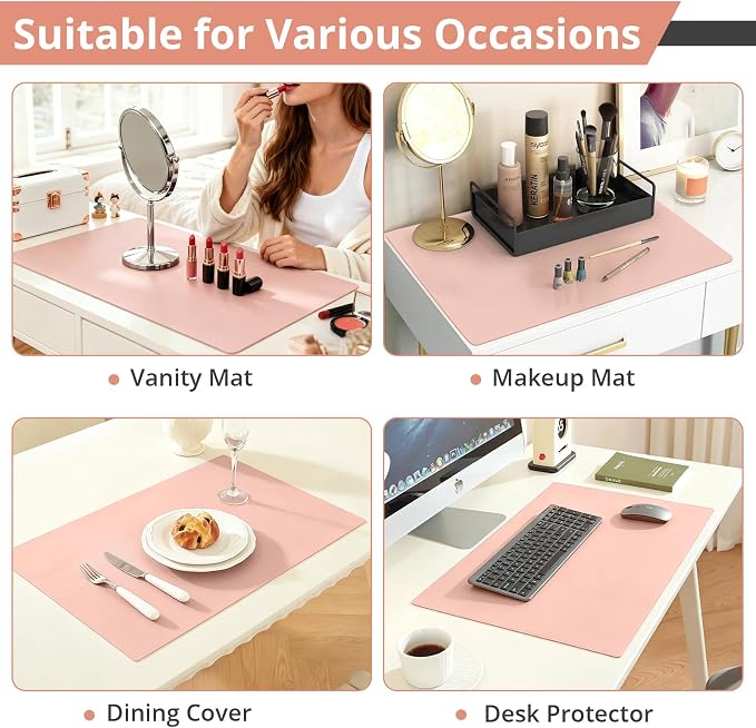 LovePads Makeup Mat for Vanity, 17" x 28" PVC Desk Mat & Dresser Cover Top | Waterproof Desk Protector, Vanity and Desk Accessories; Wipes Clean, Ideal for Writing, Nail Art, Craft Table, Pink+Silver