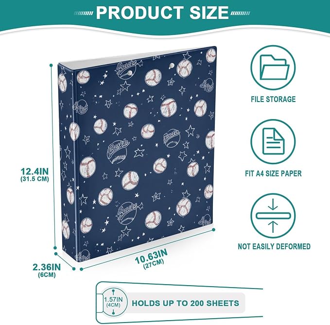 Baseballs and Stars Round Ring Binders 1.5 Inch Softball White Blue Purple 3 Ring Clipboard Binder for Office School Work Supplies File Folder 200 Sheet Capacity