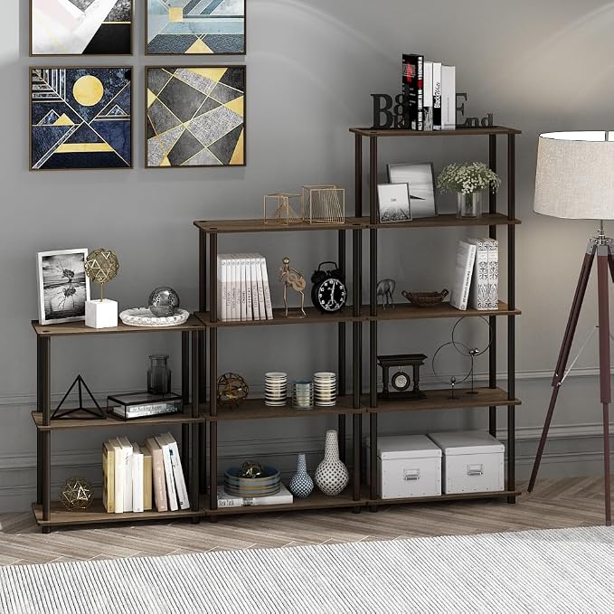 Furinno Turn-N-Tube Storage Shelves, 4-Tier Toolless Book Shelf, Corner Shelf, Open Shelves, for Organization and Storage, Living Room, Garage, Home Office, Walnut