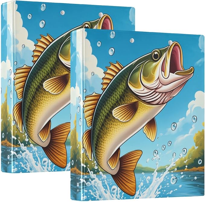Aslsiy Kids 3 Ring Binder 1.5 Inch Open Mouthed Bass Fish Jumping (3) Girls Round Clipboard Binder Decorative Harcover Binders Organizer for Office School Supply