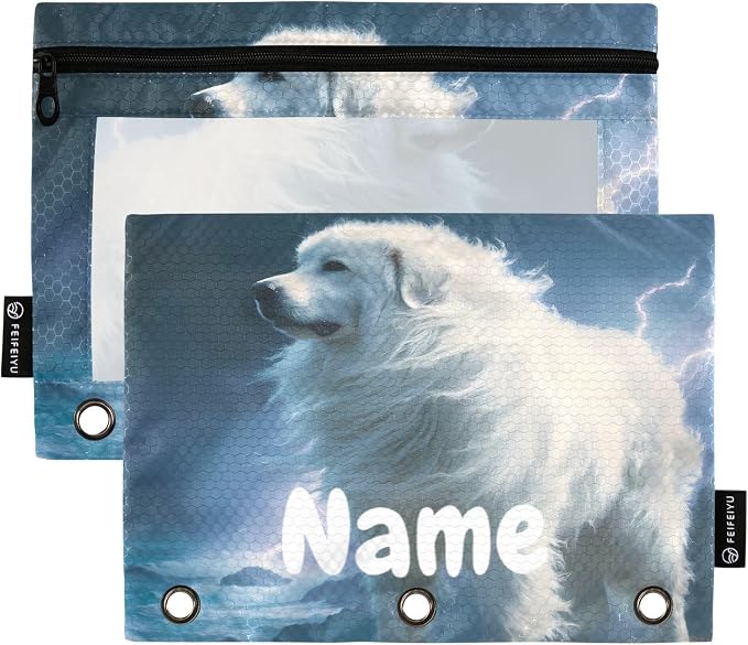 Custom Great Pyrenees Dog Pencil Pouch for 3 Ring Binder, 2 Pack Personalized Name Waterproof Pencil Bags Clear Window Pencil Case School Office Supplies