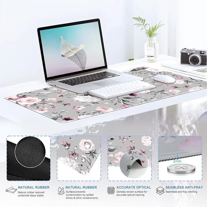 iCasso Desk Blotter for Workspace, Pink Floral 35.4"x15.7" Mousepad | School Ergonomic Desk Pad Featuring Keyboard Wrist Rest, Elegant Mousepad Set for Study Workspace Computer Setup