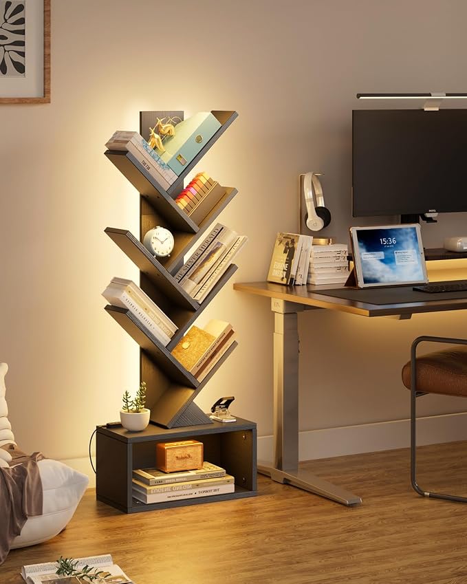 Evermagin 6 Tier Tree Bookshelf with Lights, LED Book Tree Bookcase | Black with Storage Organizer, Small Corner Bookshelf Floor Standing Book Shelf for Living Room, Bedroom & Home Office