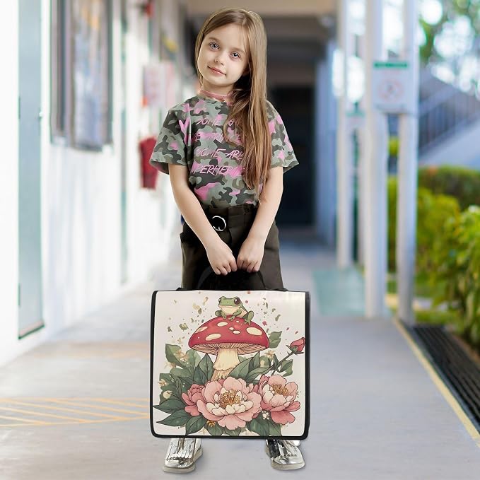 3 Ring Zipper Binder with Shoulder Strap Mushroom Frog Flower 1.5 inch Binders Keeper Large Capacity Multi Pockets for School Office Supplies