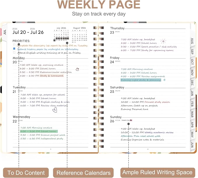 Planner 2026-2027, Weekly and Monthly Academic Year Calendar Planner, July 2026 - June 2027, Daily Agenda Book for Office School Supplies, A5(6.3'' x 8.5'')