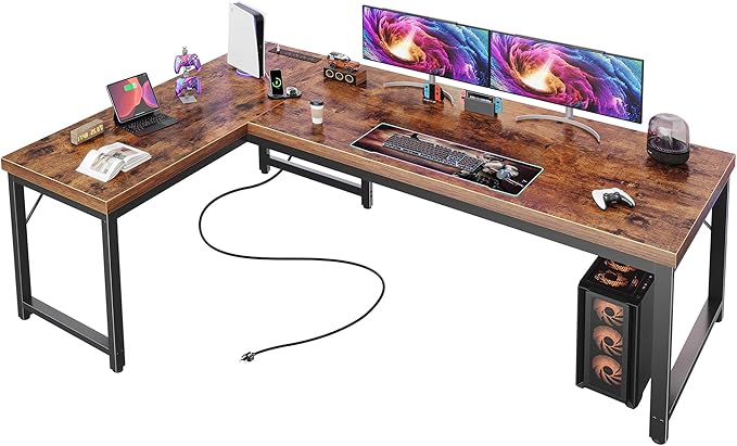 Huuger 63 Inch L Shaped Desk with Power Outlets & 0.95 Inch Thicker Desktop | Reversible Computer Desk, Larger Office Corner Gaming Desk, Metal Frame, for Home Office, Study, Rustic Brown